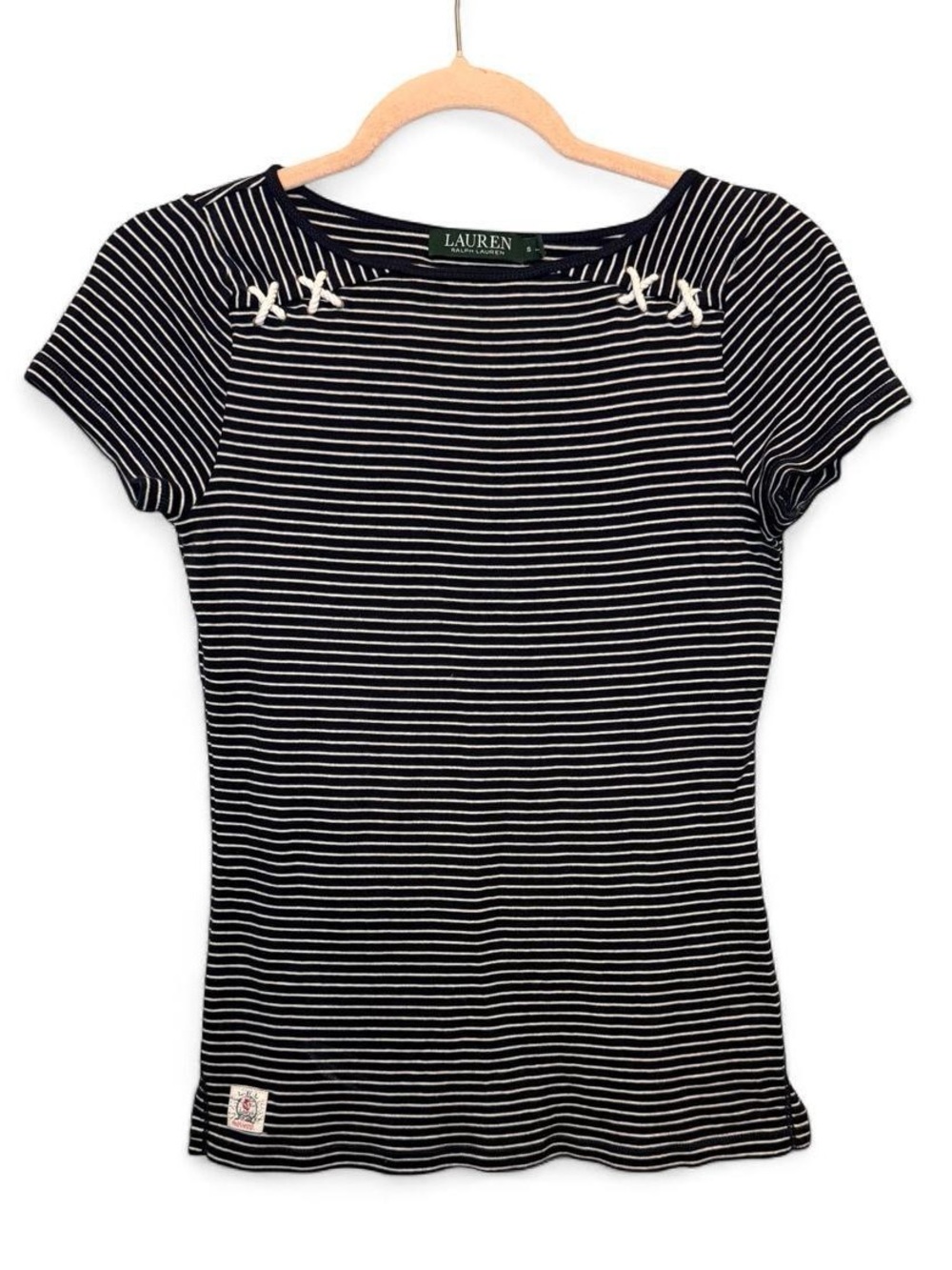 Lauren Ralph Lauren Striped Lace Up Boatneck Top Navy White Small Preppy Coastal